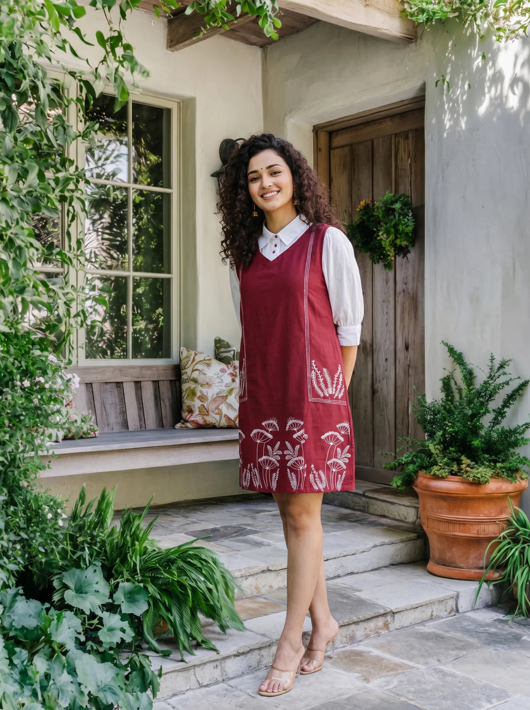 Maroon Cotton Flex Embroidered Mini Shirt Dress