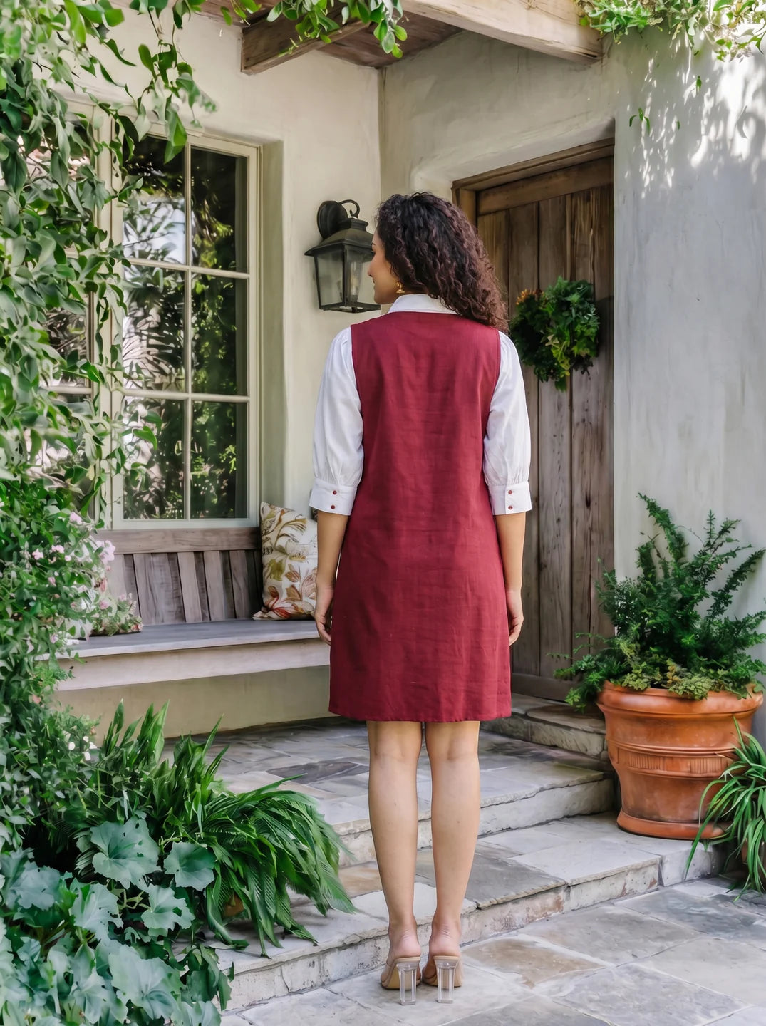 Maroon Cotton Flex Embroidered Mini Shirt Dress
