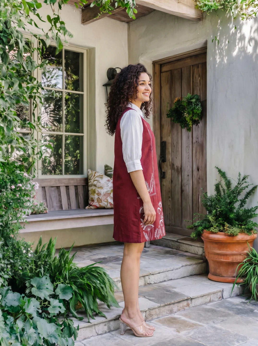 Maroon Cotton Flex Embroidered Mini Shirt Dress
