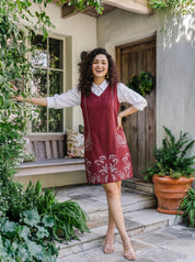 Maroon Cotton Flex Embroidered Mini Shirt Dress