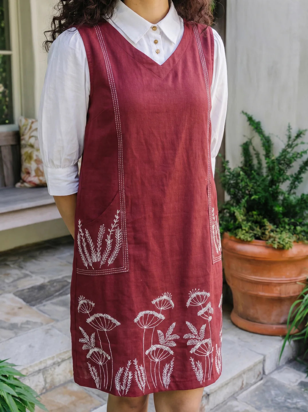 Maroon Cotton Flex Embroidered Mini Shirt Dress