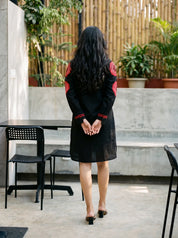 Black Cotton Flex Embroidered Mini Shirt Dress