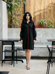 Black Cotton Flex Embroidered Mini Shirt Dress