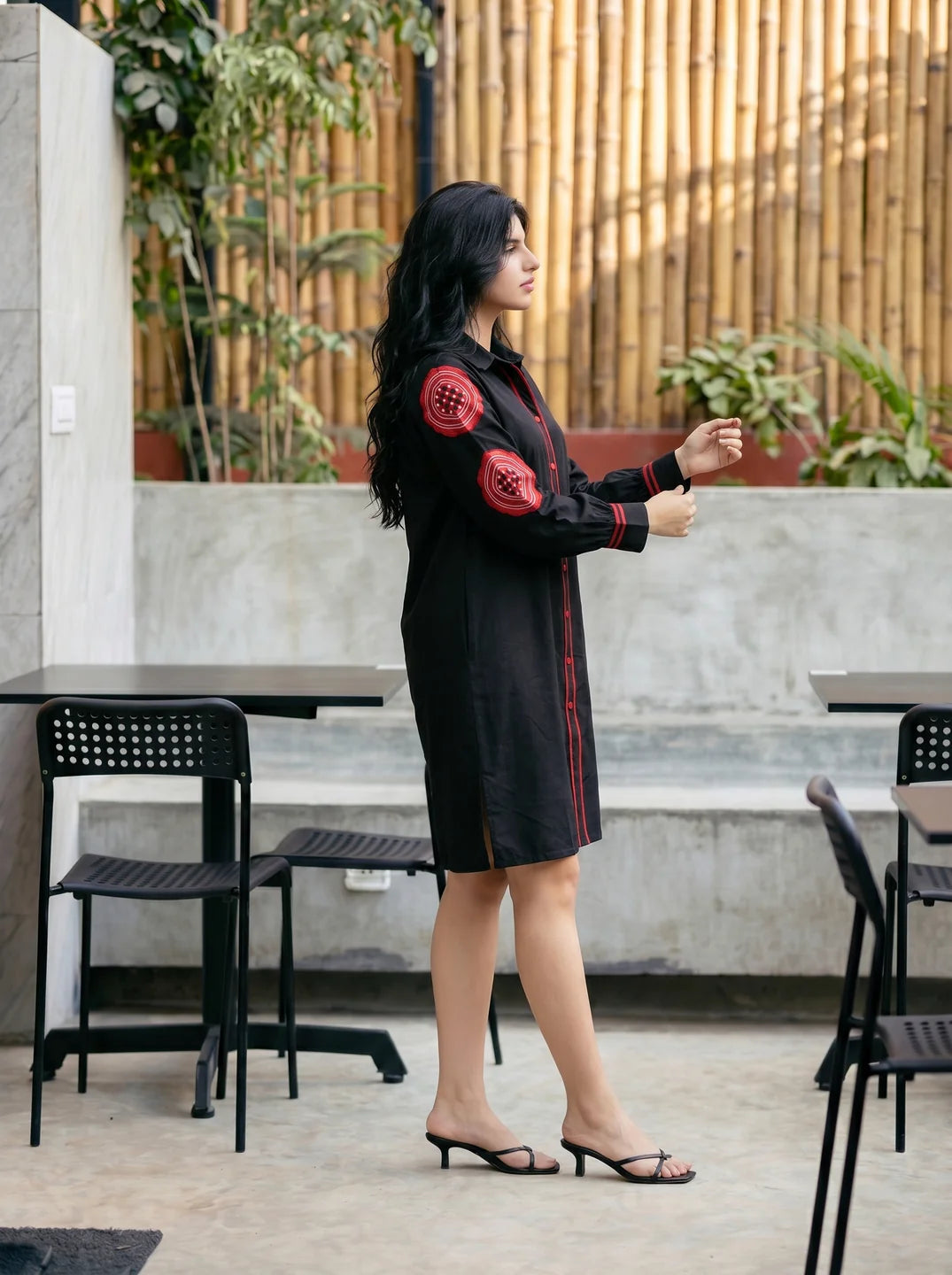 Black Cotton Flex Embroidered Mini Shirt Dress