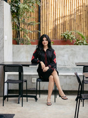 Black Cotton Flex Embroidered Mini Shirt Dress