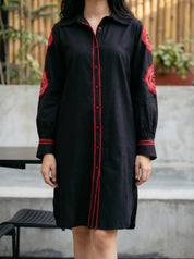 Black Cotton Flex Embroidered Mini Shirt Dress