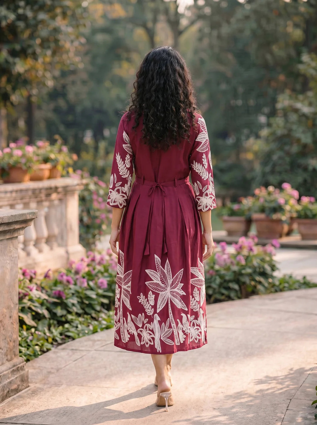 Maroon Base With Cream Color Bold Flower Motif  Midi Dress