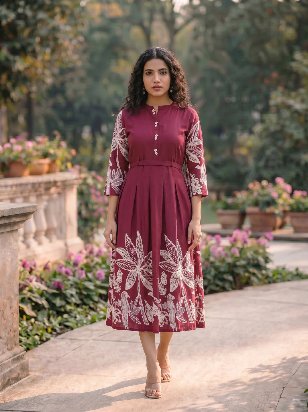 Maroon Base With Cream Color Bold Flower Motif  Midi Dress