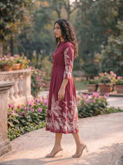 Maroon Base With Cream Color Bold Flower Motif  Midi Dress
