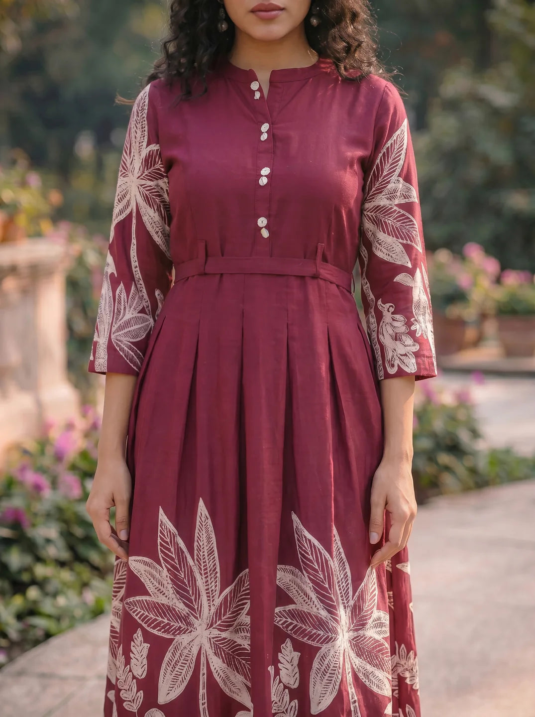 Maroon Base With Cream Color Bold Flower Motif  Midi Dress