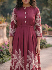Maroon Base With Cream Color Bold Flower Motif  Midi Dress
