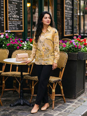 Yellow Printed Shirt Style Tunic With Embellishment