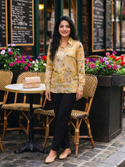 Yellow Printed Shirt Style Tunic With Embellishment