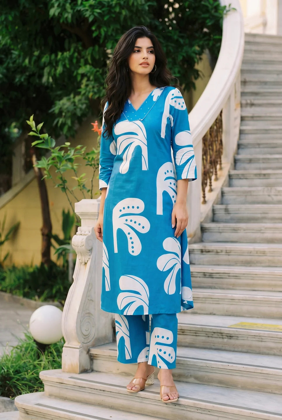 Blue Tropical Leaf A-line Kurta Set