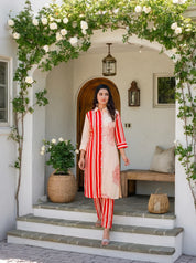 Cream Bold Red Floral Printed  Front Stripe  Muslin Kurta Set