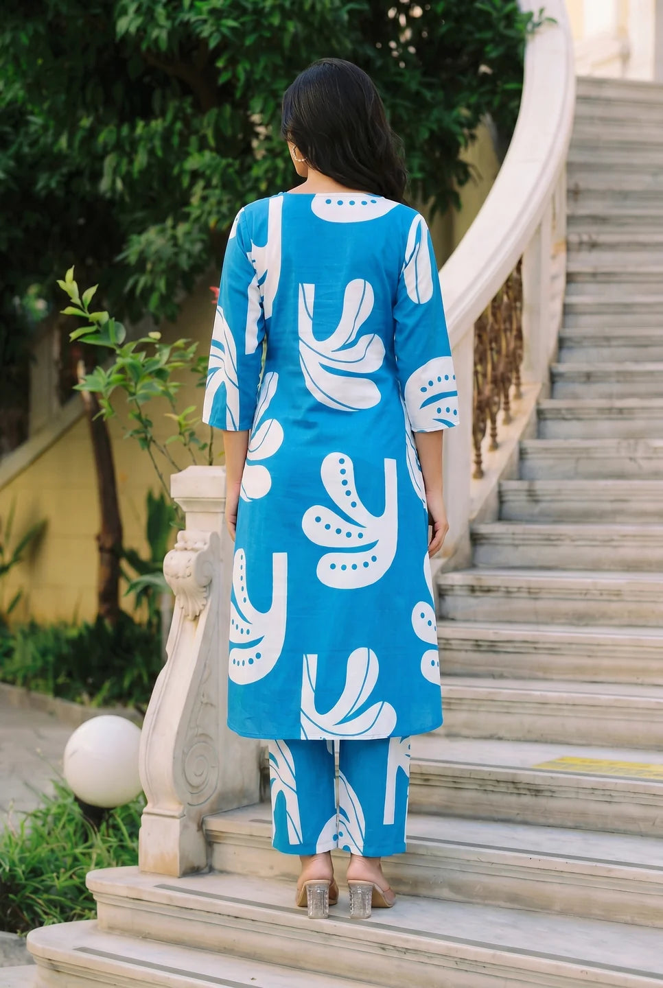 Blue Tropical Leaf A-line Kurta Set