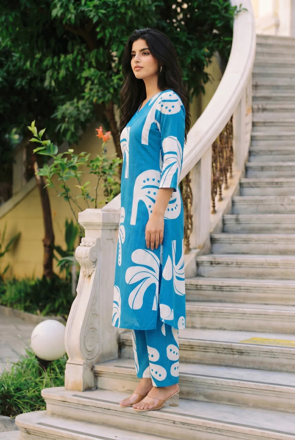 Blue Tropical Leaf A-line Kurta Set