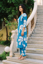 Blue Tropical Leaf A-line Kurta Set