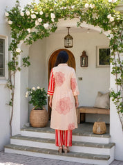 Cream Bold Red Floral Printed  Front Stripe  Muslin Kurta Set