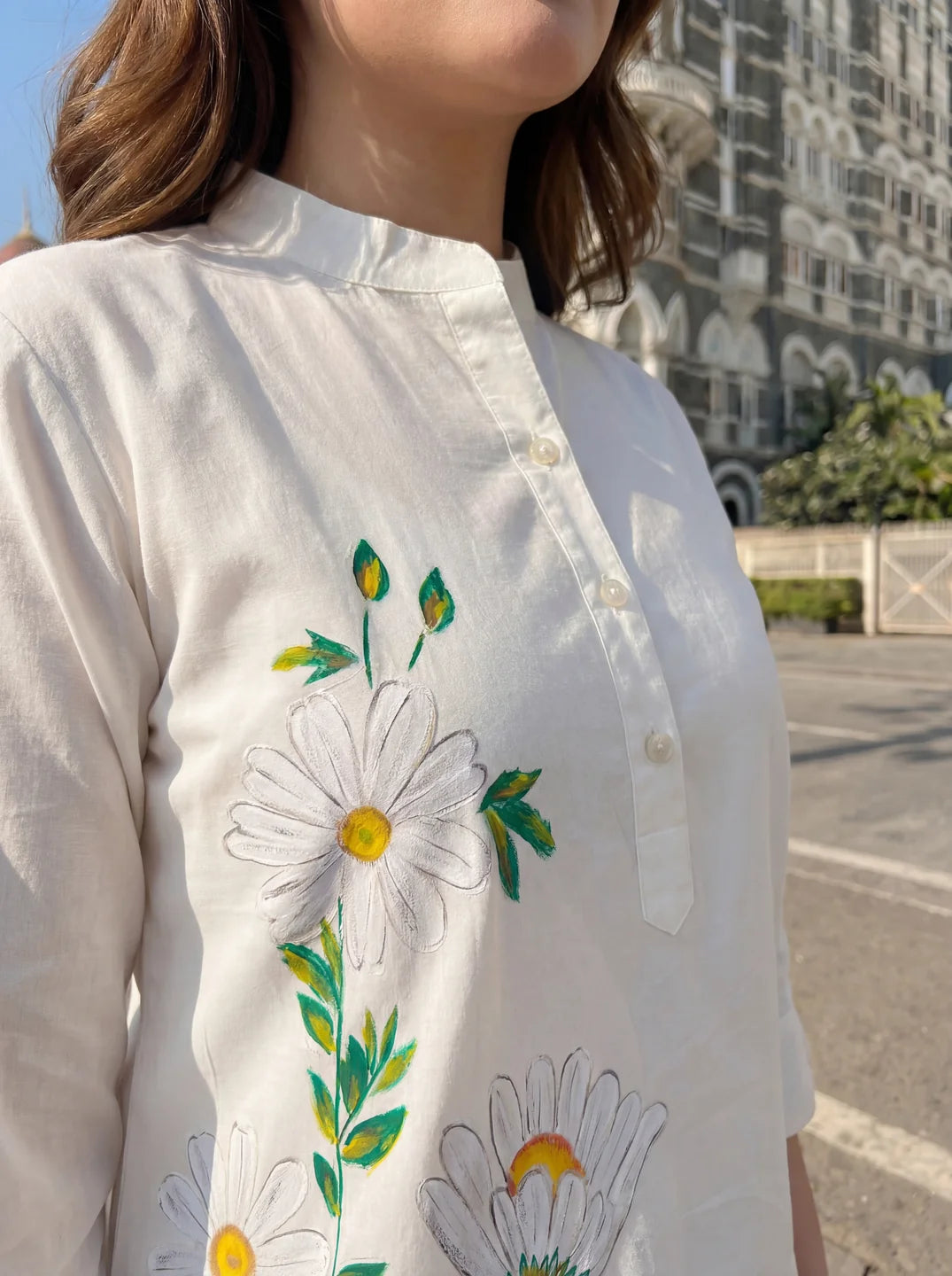 White Hand-Painted Floral Shirt with Mandarin Collar in Cotton Poplin