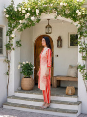 Cream Bold Red Floral Printed  Front Stripe  Muslin Kurta Set
