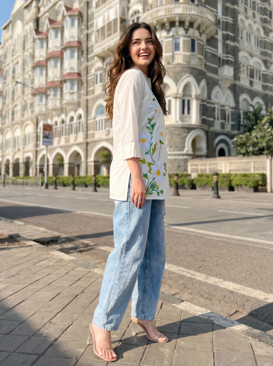 White Hand-Painted Floral Shirt with Mandarin Collar in Cotton Poplin