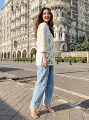 White Hand-Painted Floral Shirt with Mandarin Collar in Cotton Poplin