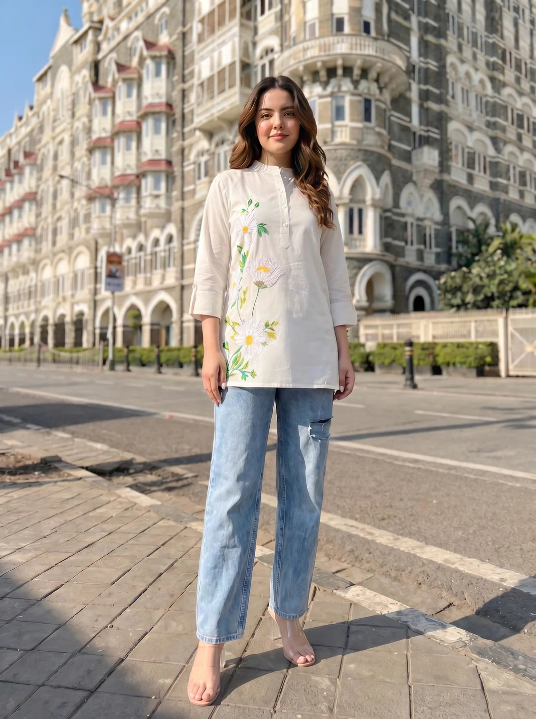 White Hand-Painted Floral Shirt with Mandarin Collar in Cotton Poplin