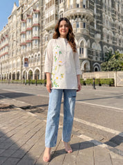 White Hand-Painted Floral Shirt with Mandarin Collar in Cotton Poplin