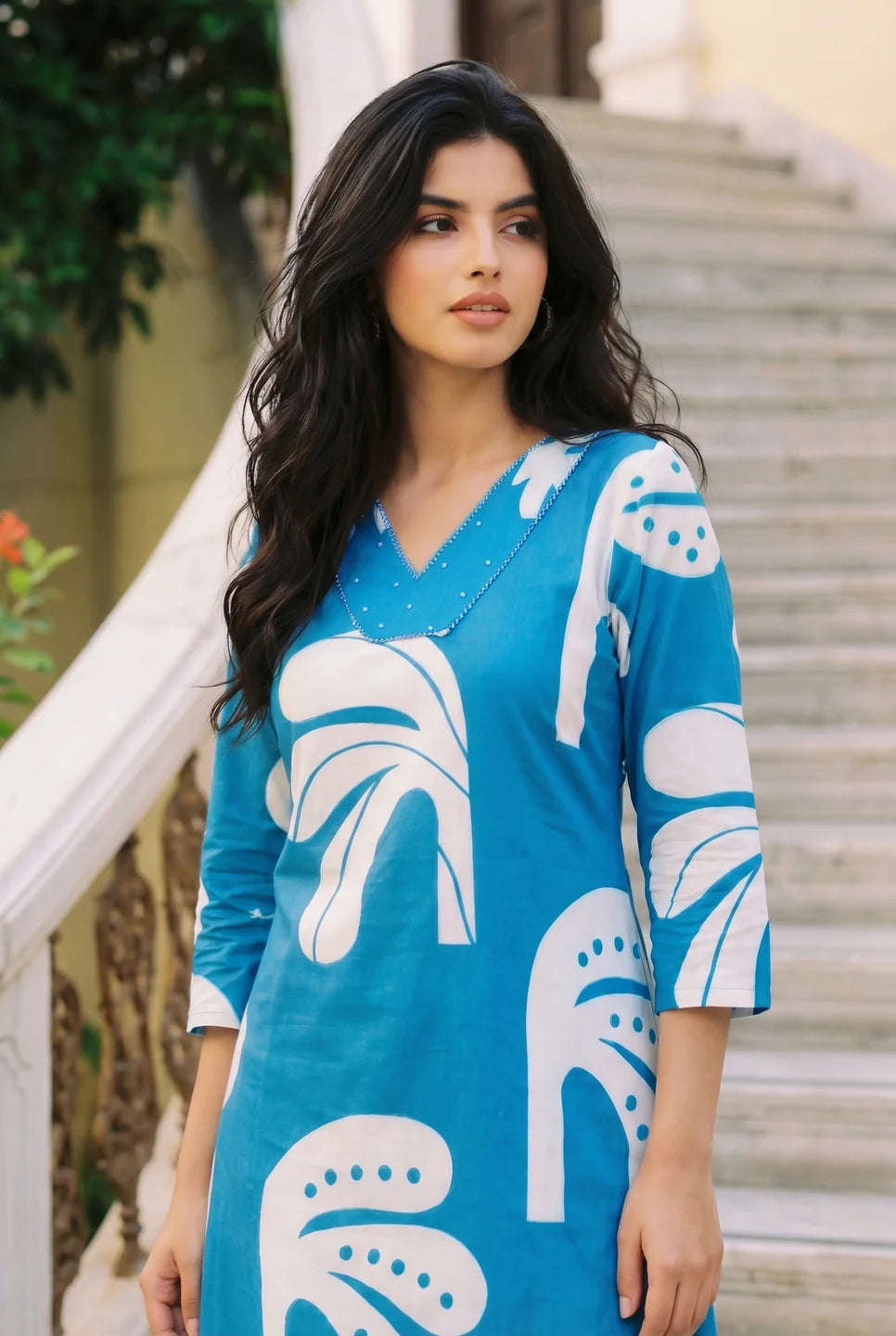 Blue Tropical Leaf A-line Kurta Set