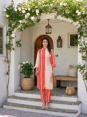 Cream Bold Red Floral Printed  Front Stripe  Muslin Kurta Set
