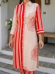 Cream Bold Red Floral Printed  Front Stripe  Muslin Kurta Set