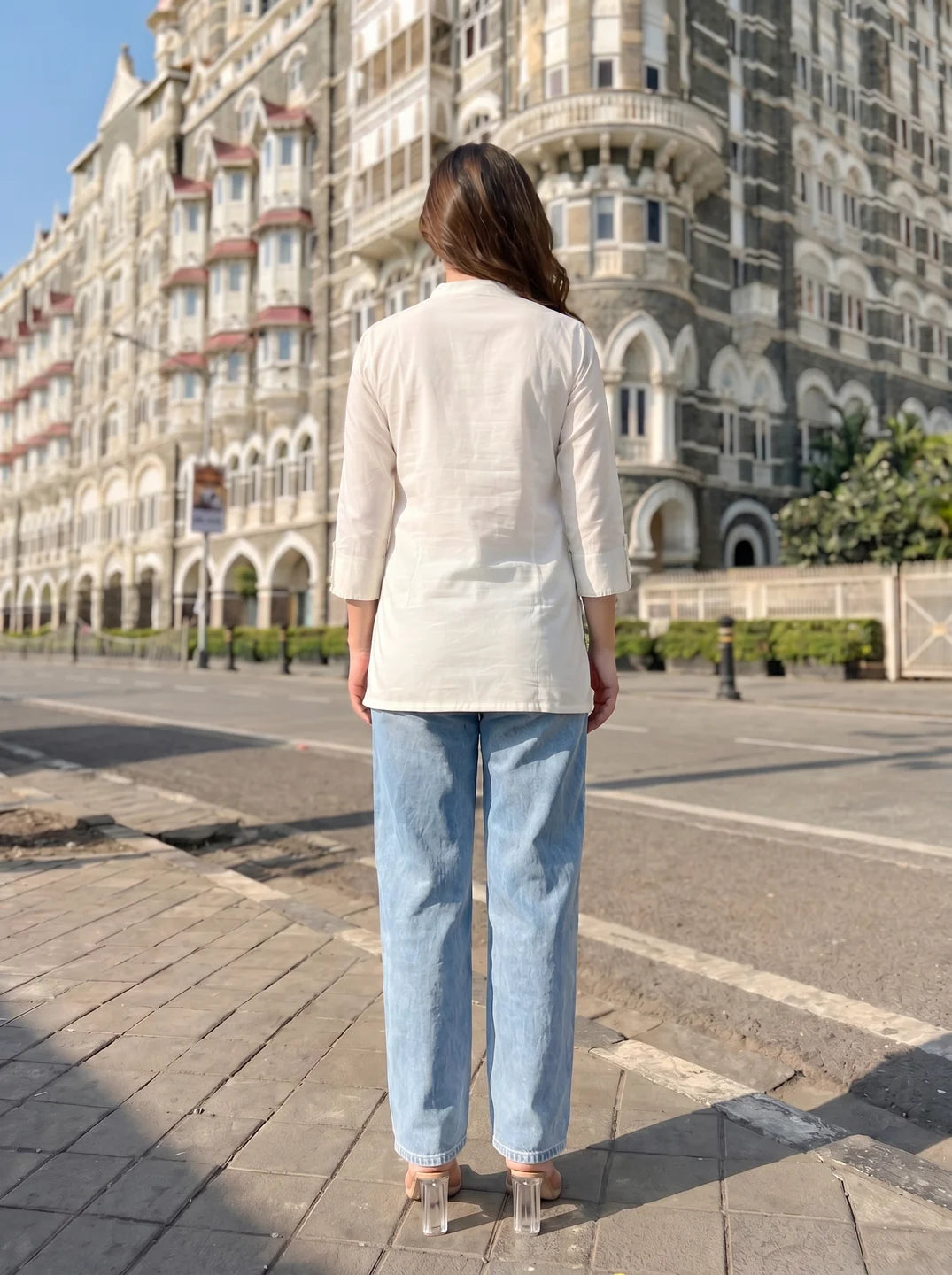 White Hand-Painted Floral Shirt with Mandarin Collar in Cotton Poplin