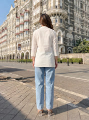 White Hand-Painted Floral Shirt with Mandarin Collar in Cotton Poplin