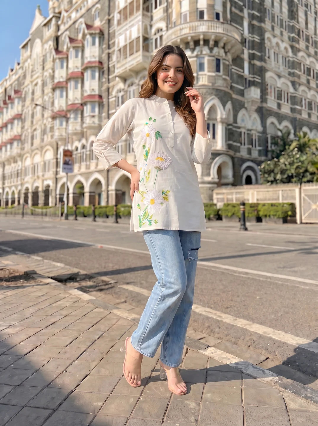 White Hand-Painted Floral Shirt with Mandarin Collar in Cotton Poplin