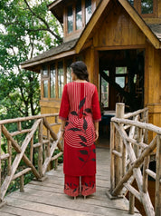 Red Stripe & Leaf Print Rayon Kurta-Palazzo Set