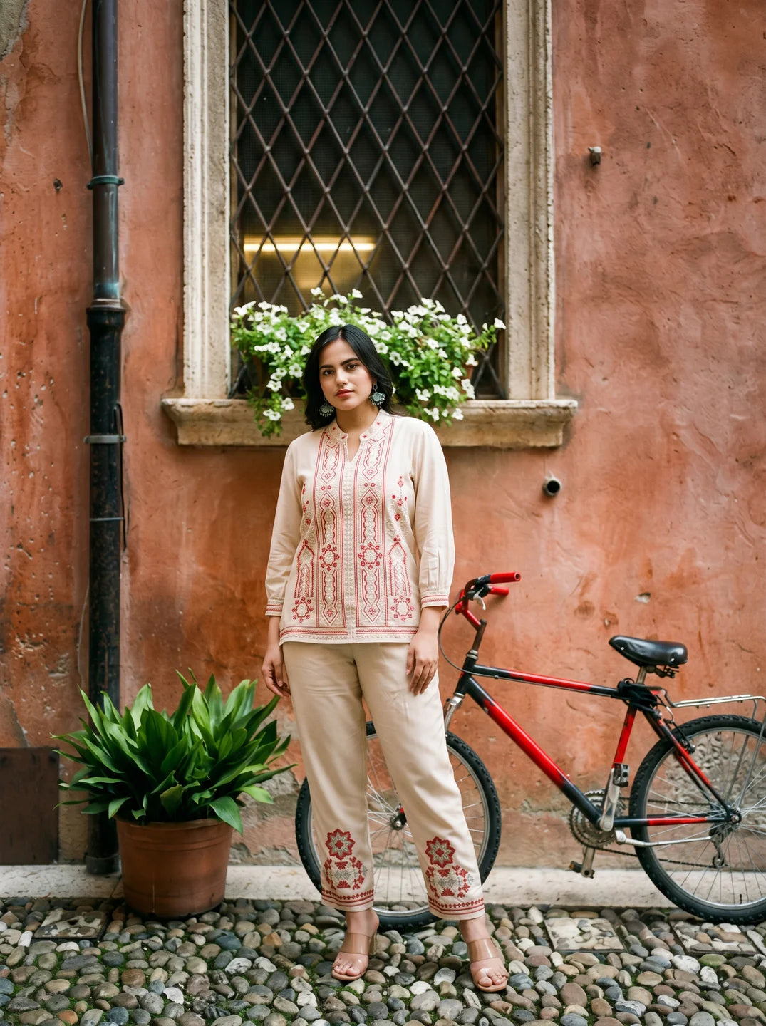 Beige Cotton Embroidered Co-ord Set