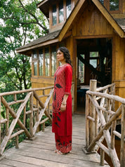 Red Stripe & Leaf Print Rayon Kurta-Palazzo Set