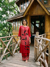 Red Stripe & Leaf Print Rayon Kurta-Palazzo Set