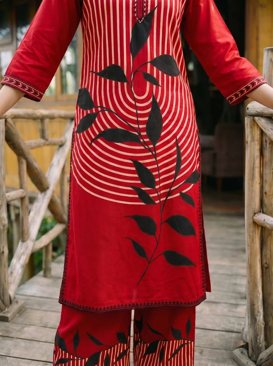 Red Stripe & Leaf Print Rayon Kurta-Palazzo Set