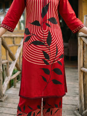 Red Stripe & Leaf Print Rayon Kurta-Palazzo Set