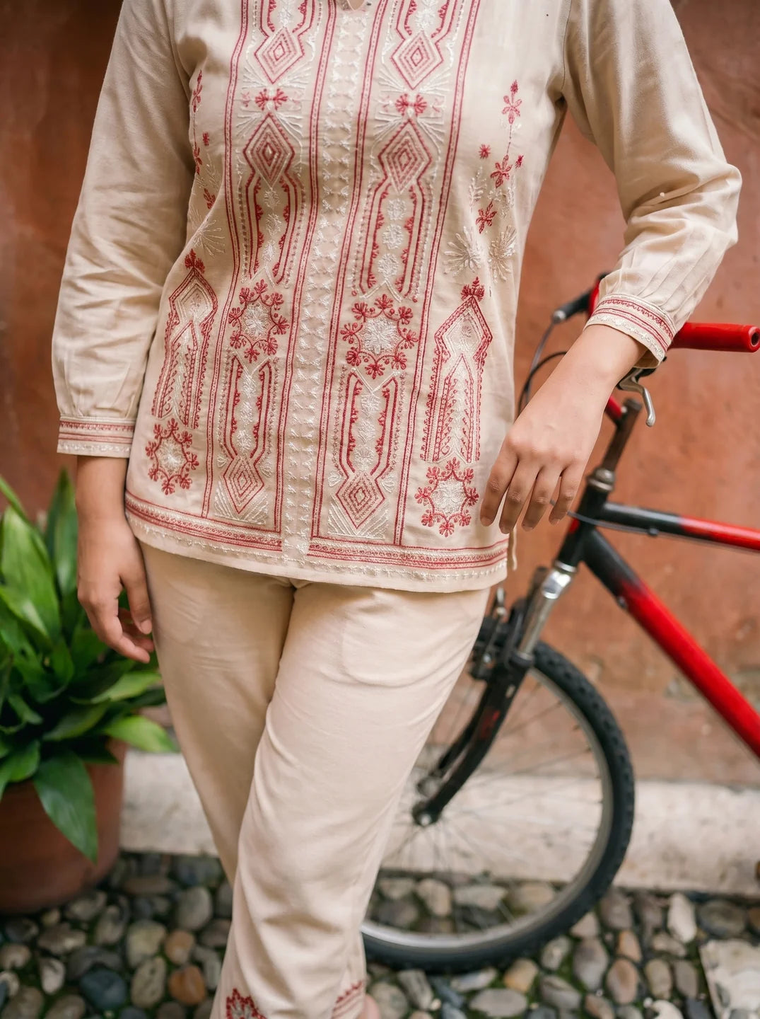 Beige Cotton Embroidered Co-ord Set