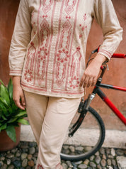 Beige Cotton Embroidered Co-ord Set