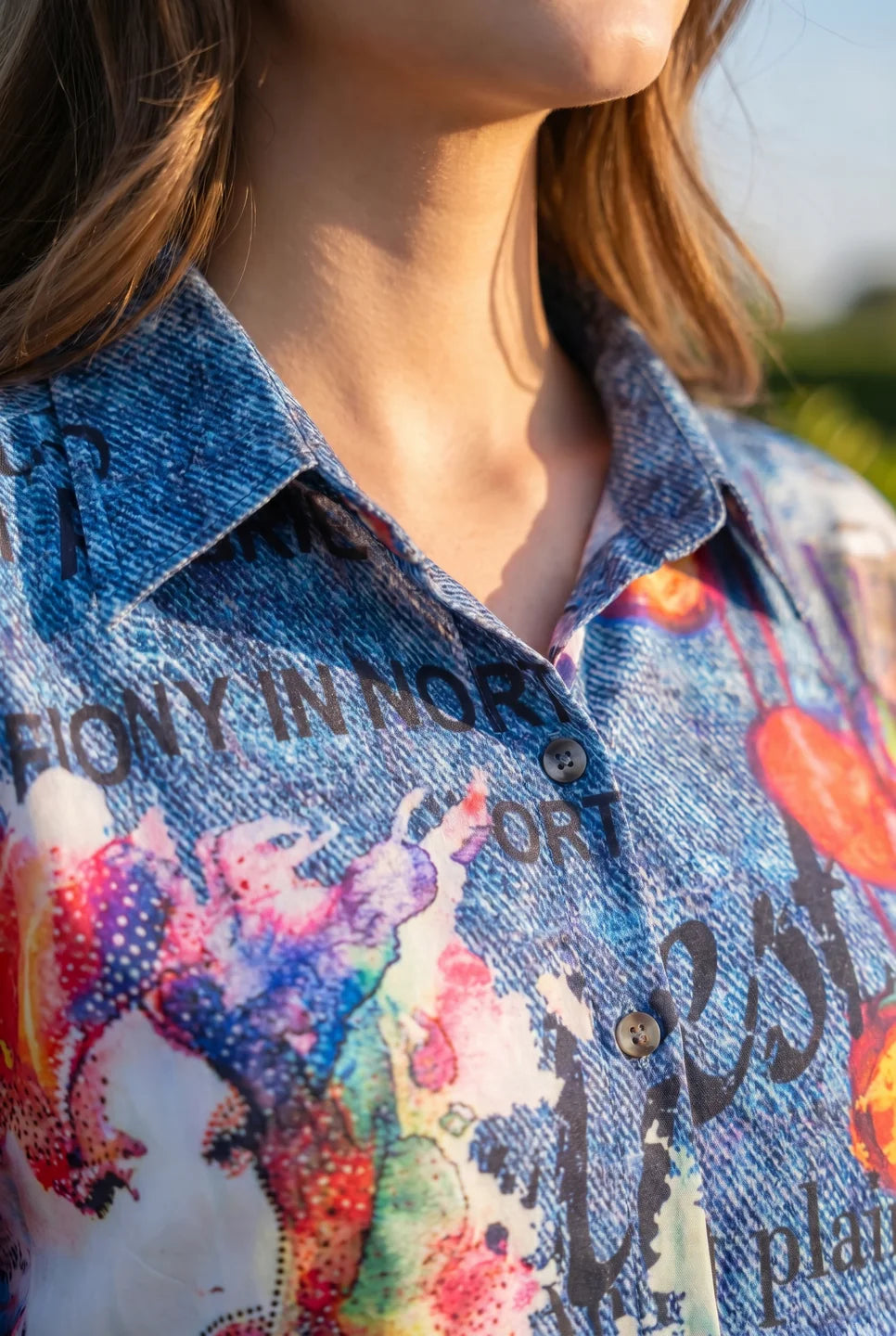 Multicolor Rhinestone Pop-Art Longline Shirt in Poly Muslin