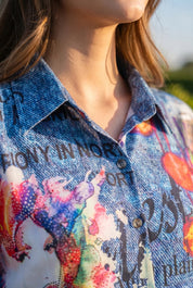 Multicolor Rhinestone Pop-Art Longline Shirt in Poly Muslin