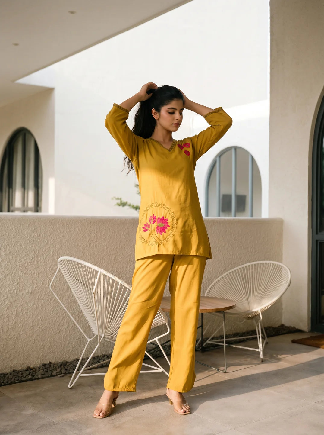 Yellow Base Lotus Motif Embroidered Co-ord Set in Roman Silk