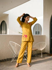 Yellow Base Lotus Motif Embroidered Co-ord Set in Roman Silk