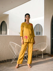 Yellow Base Lotus Motif Embroidered Co-ord Set in Roman Silk