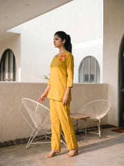 Yellow Base Lotus Motif Embroidered Co-ord Set in Roman Silk
