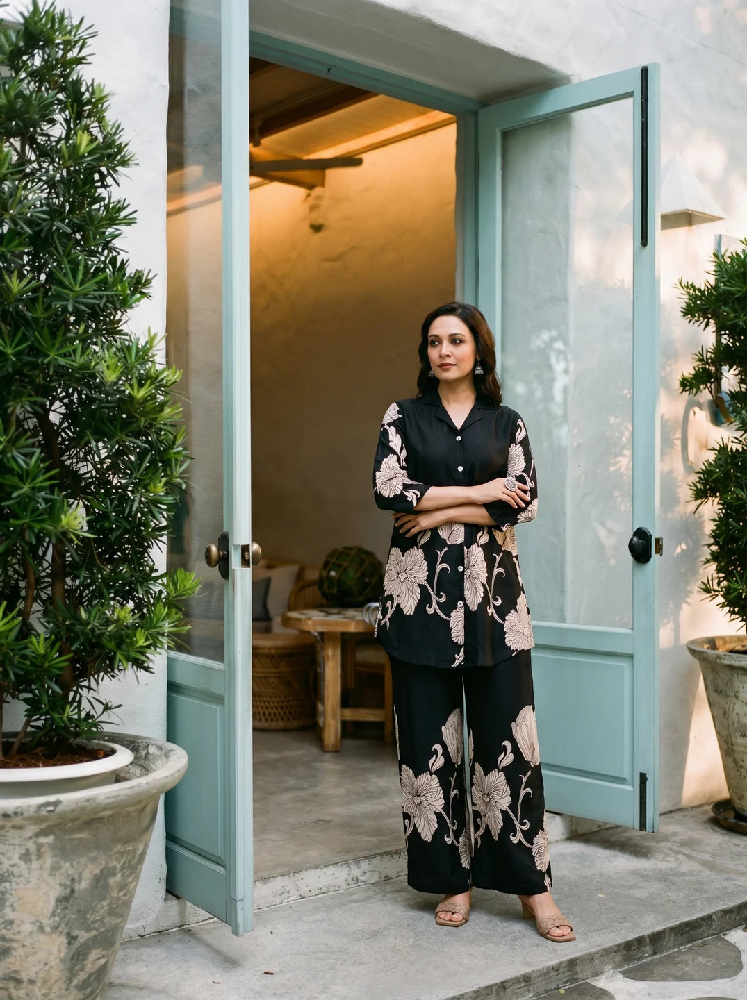 Black Floral Placement Print Co-ord Set in Russian Silk